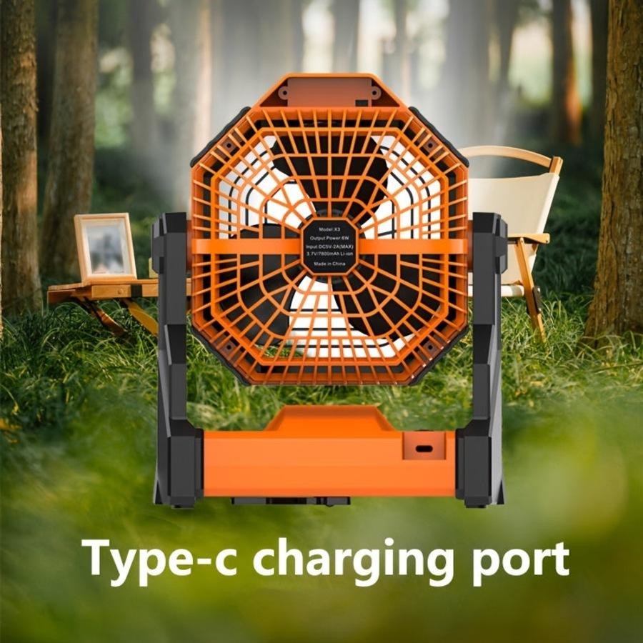 Black-orange Portable USB Camping Fan with 7800mAh Battery and 3-Mode LED Lighting