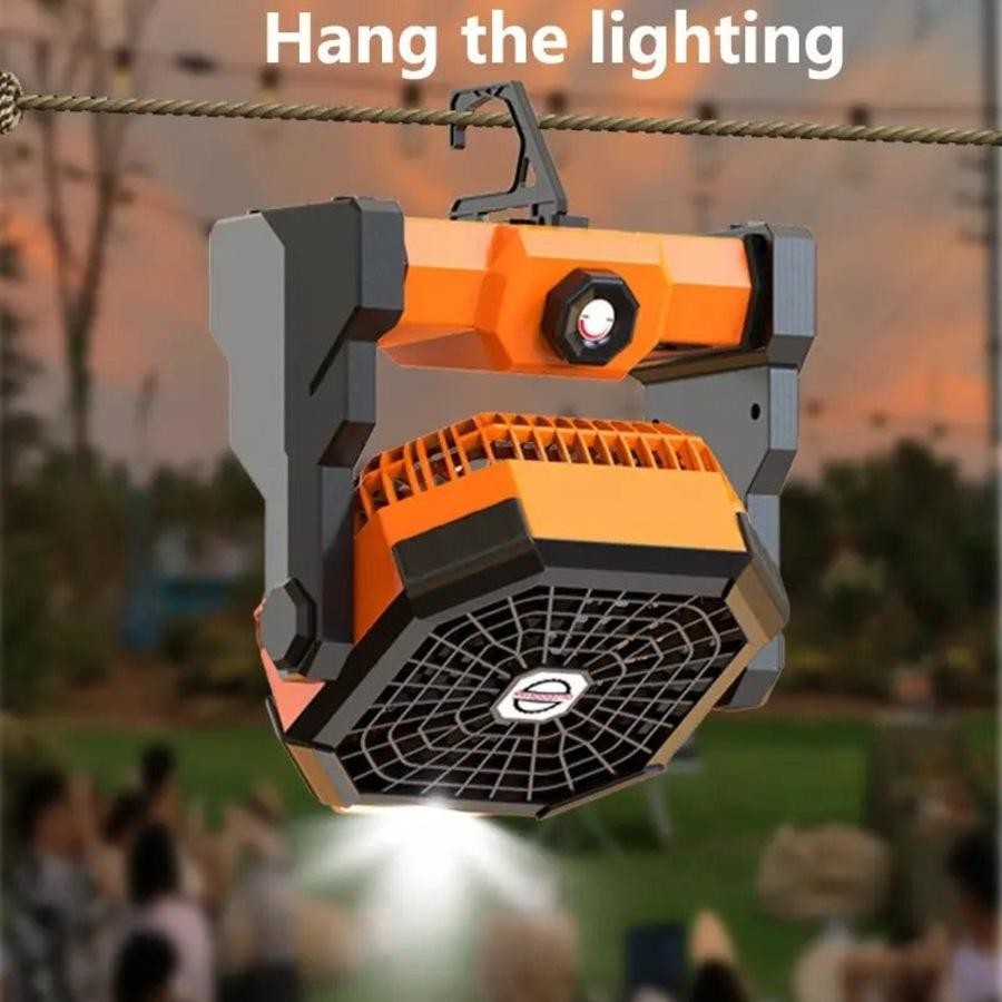 Black-orange Portable USB Camping Fan with 7800mAh Battery and 3-Mode LED Lighting