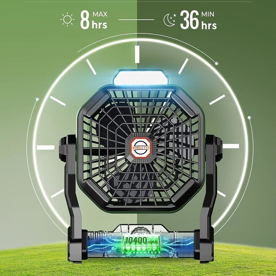 Black-green Portable USB Camping Fan with 7800mAh Battery and 3-Mode LED Lighting