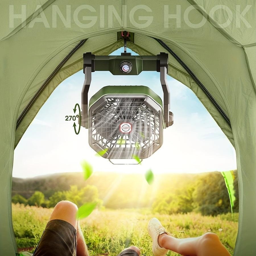 Black-green Portable USB Camping Fan with 7800mAh Battery and 3-Mode LED Lighting