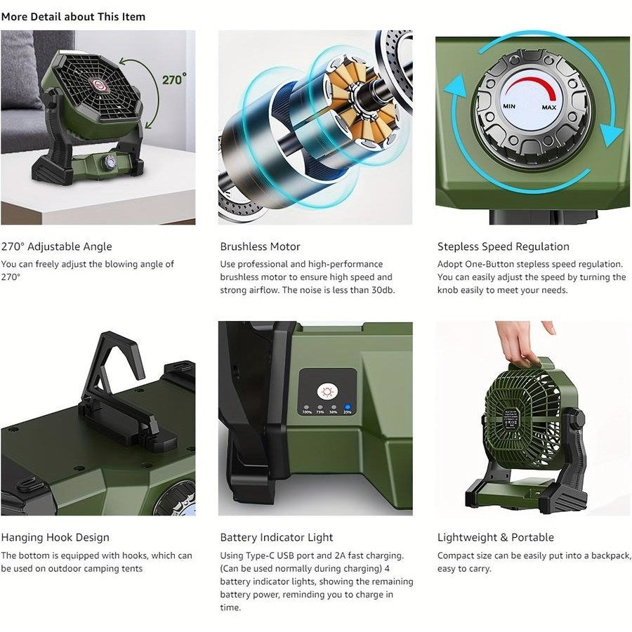 Black-green Portable USB Camping Fan with 7800mAh Battery and 3-Mode LED Lighting