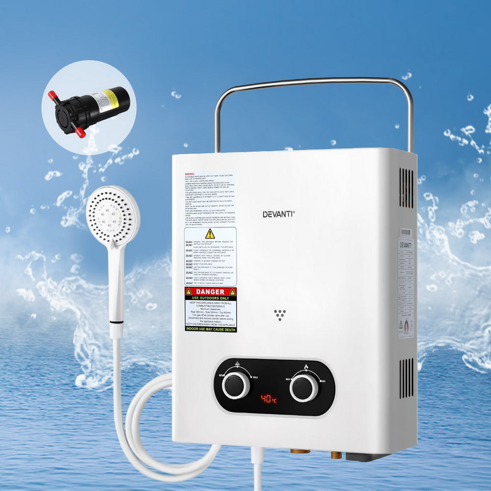 Devanti Portable Gas Water Heater LPG-powered System White With Pump