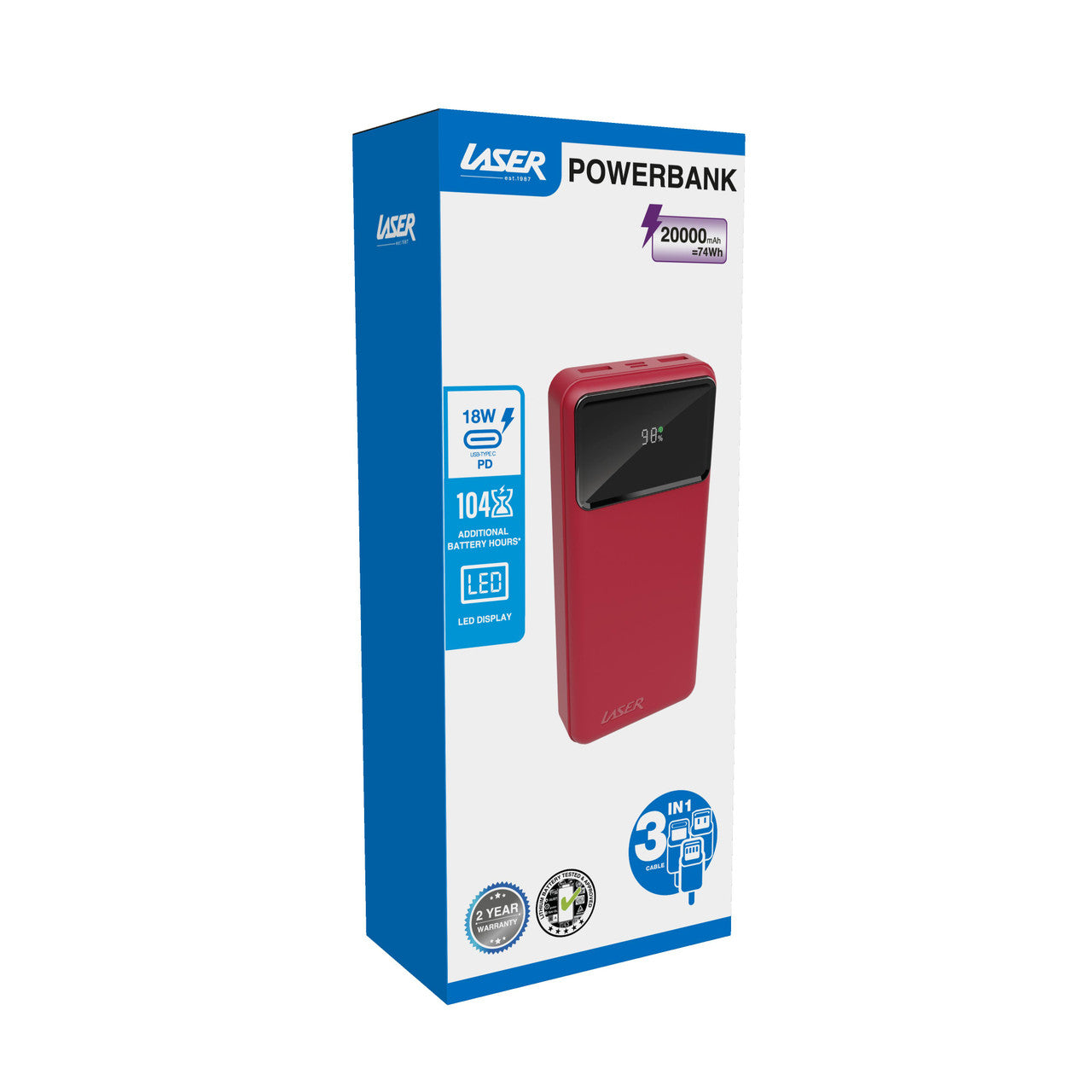 Laser 20000mAh Powerbank 18W PD with LED Red