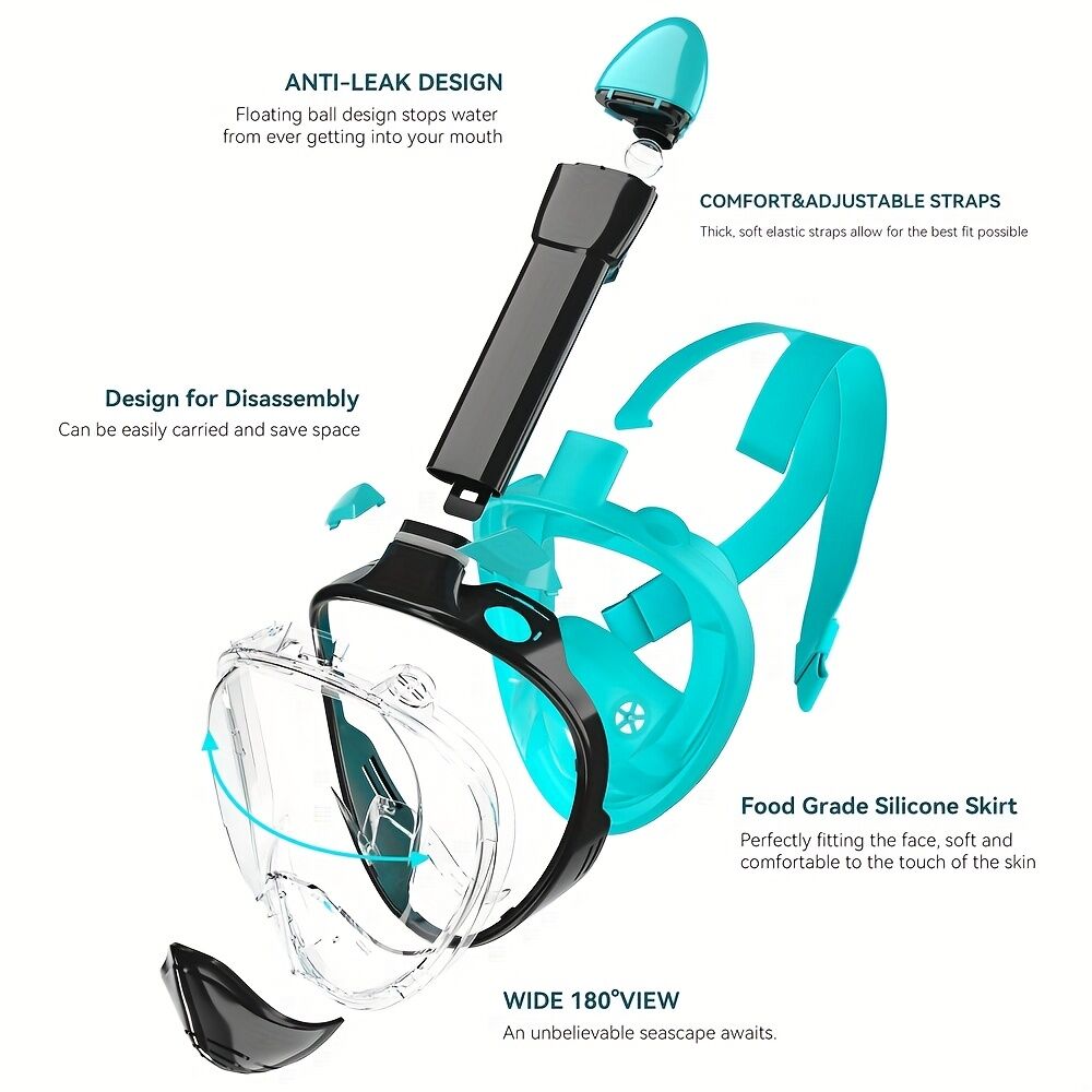 S/M Full-face silicone snorkeling mask, full-dry panoramic snorkeling mirror, camera bracket, large frame anti-leakage and anti-fog swimming mirror set for adults.