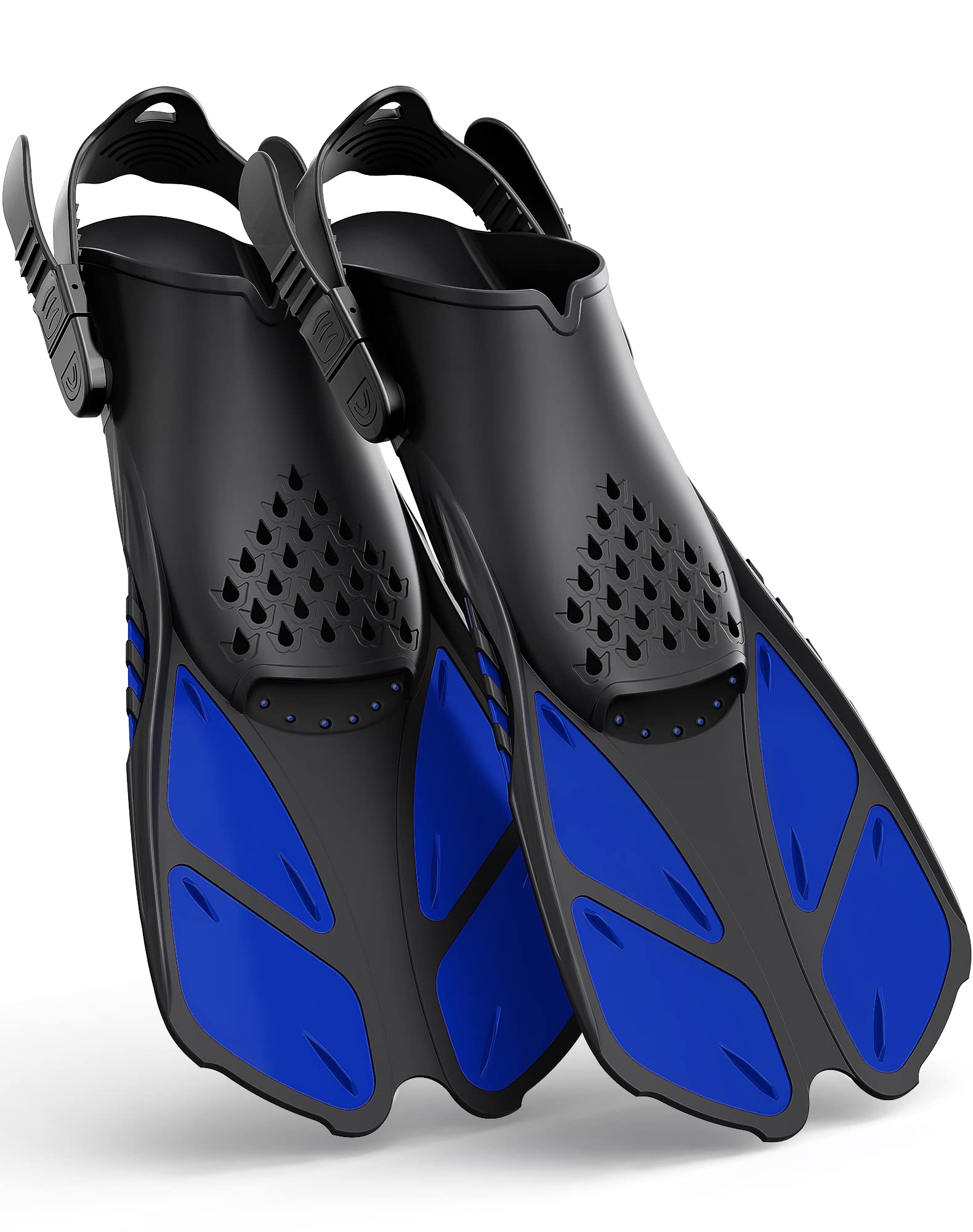 Blue Adjustable Open Heel Snorkel Fins, Travel-Size Short Swim Flippers for Snorkeling, Diving & Swimming, Adult Men & Women S/M