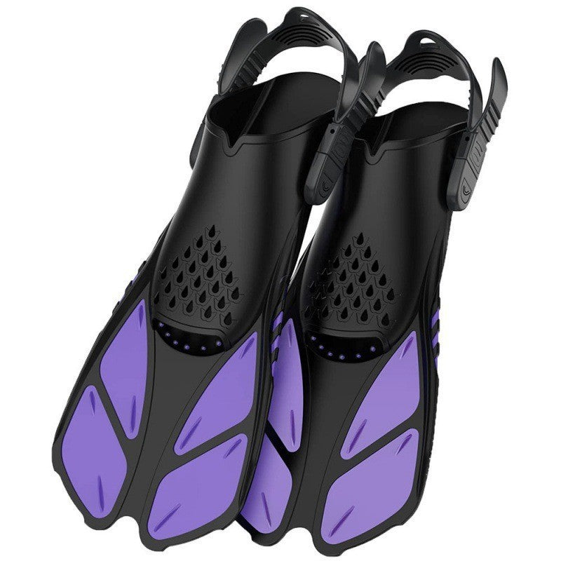 Purple Adjustable Open Heel Snorkel Fins, Travel-Size Short Swim Flippers for Snorkeling, Diving & Swimming, Adult Men & Women L/XL