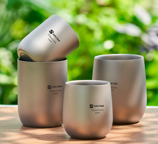 4-Piece Pure Titanium Cup Set – Double-Walled Lightweight Stackable Outdoor Drinking Cups for Camping Hiking Travel