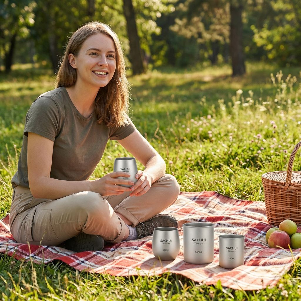 4-Piece Pure Titanium Cup Set – Double-Walled Lightweight Stackable Outdoor Drinking Cups for Camping Hiking Travel