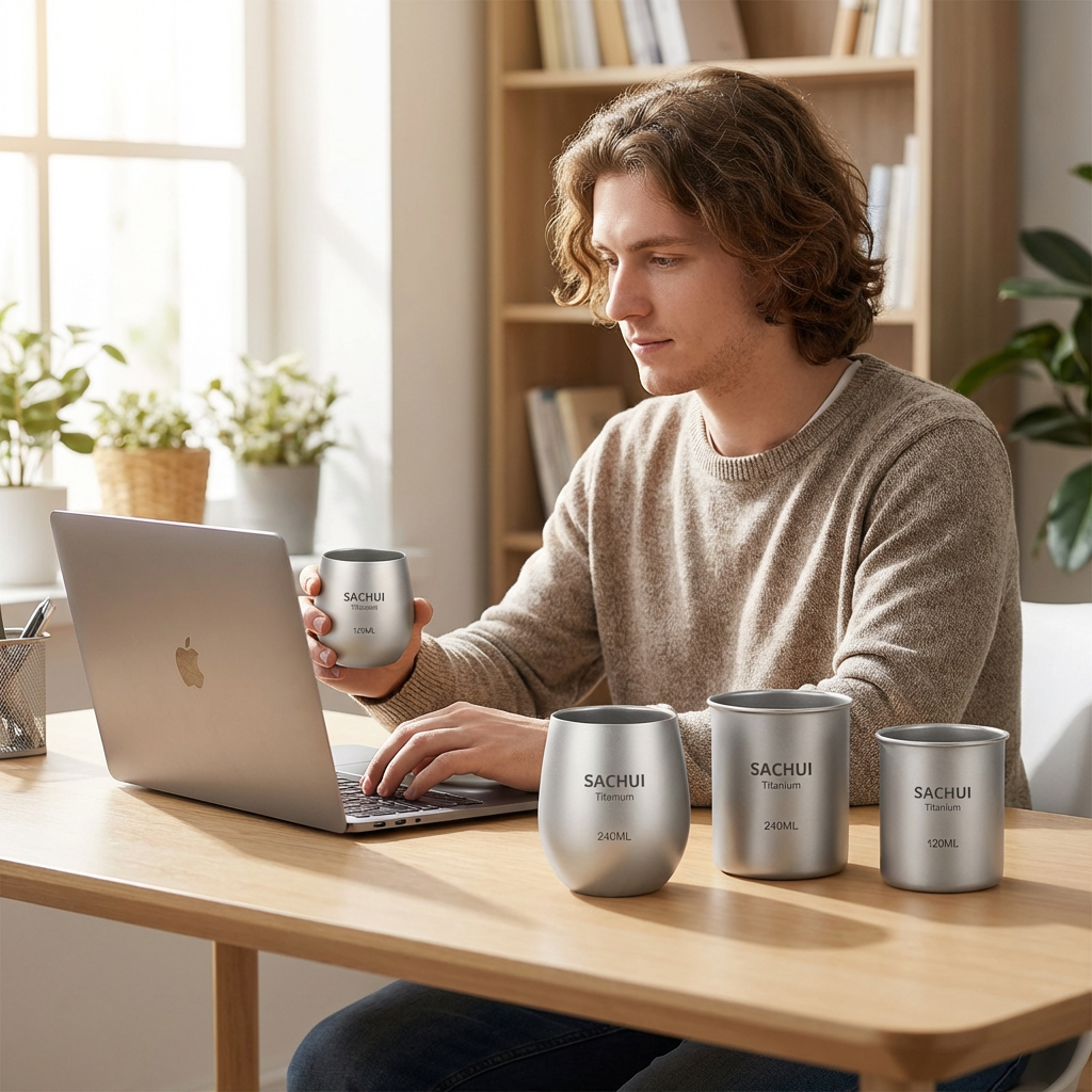 4-Piece Pure Titanium Cup Set – Double-Walled Lightweight Stackable Outdoor Drinking Cups for Camping Hiking Travel