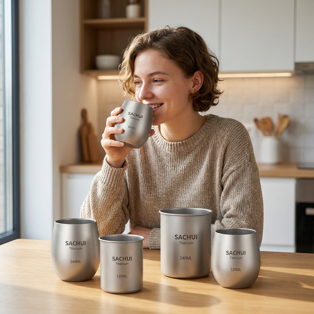 4-Piece Pure Titanium Cup Set – Double-Walled Lightweight Stackable Outdoor Drinking Cups for Camping Hiking Travel