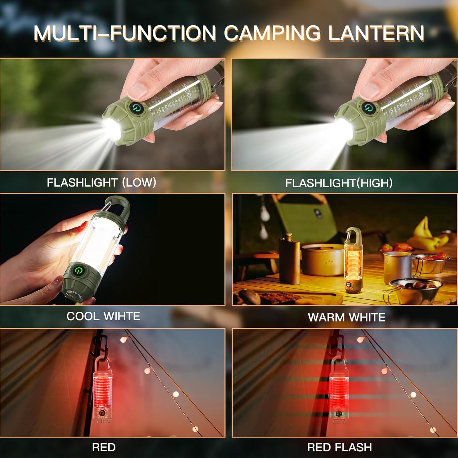 Rechargeable LED Camping Lantern Flashlight: 6 Modes USB-C Portable for Hiking Emergency Night Walking & Outdoor