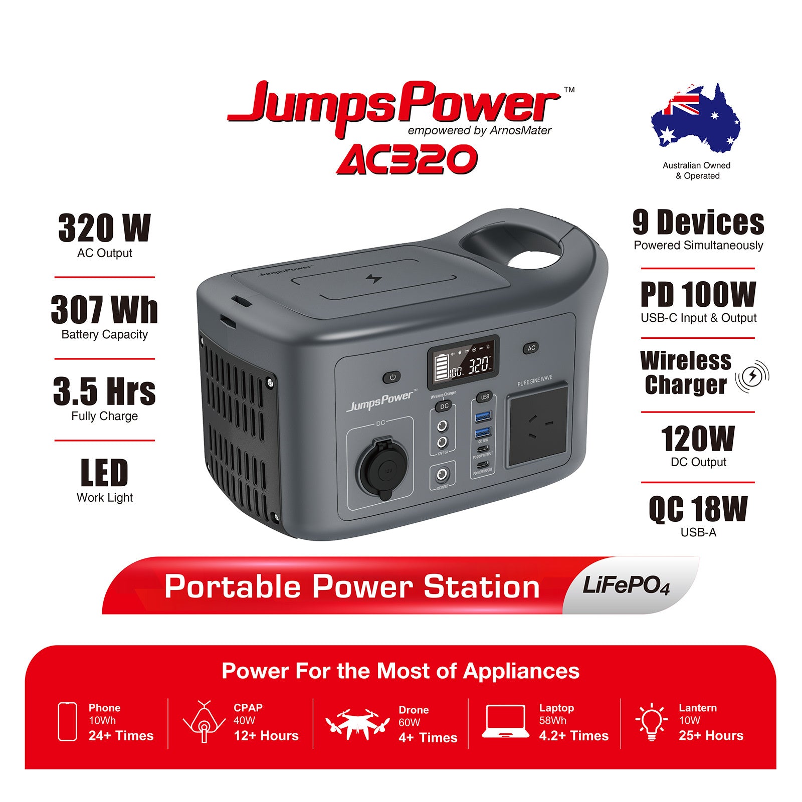 JumpsPower Portable Power Station – 320W 307Wh with LED Light
