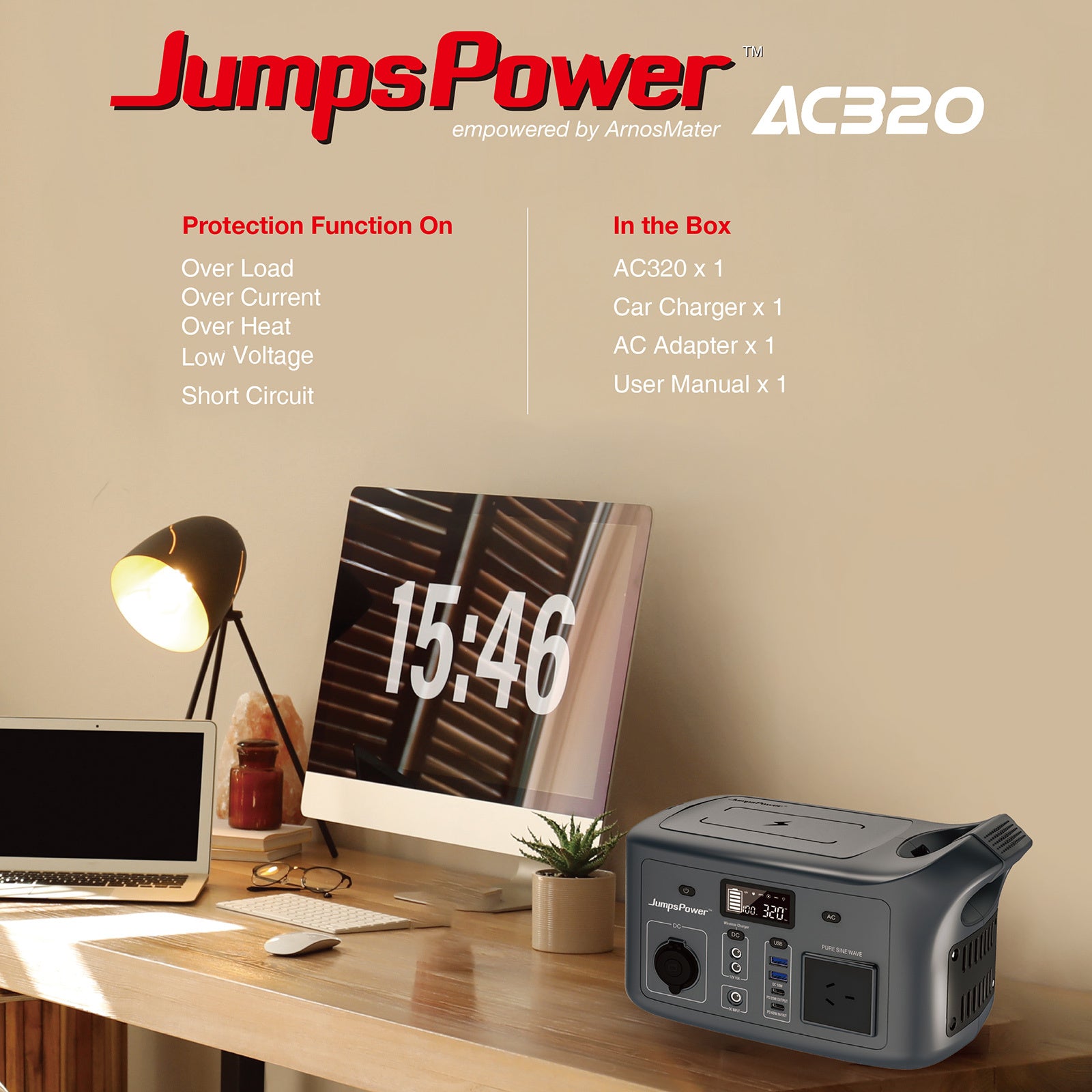 JumpsPower Portable Power Station – 320W 307Wh with LED Light