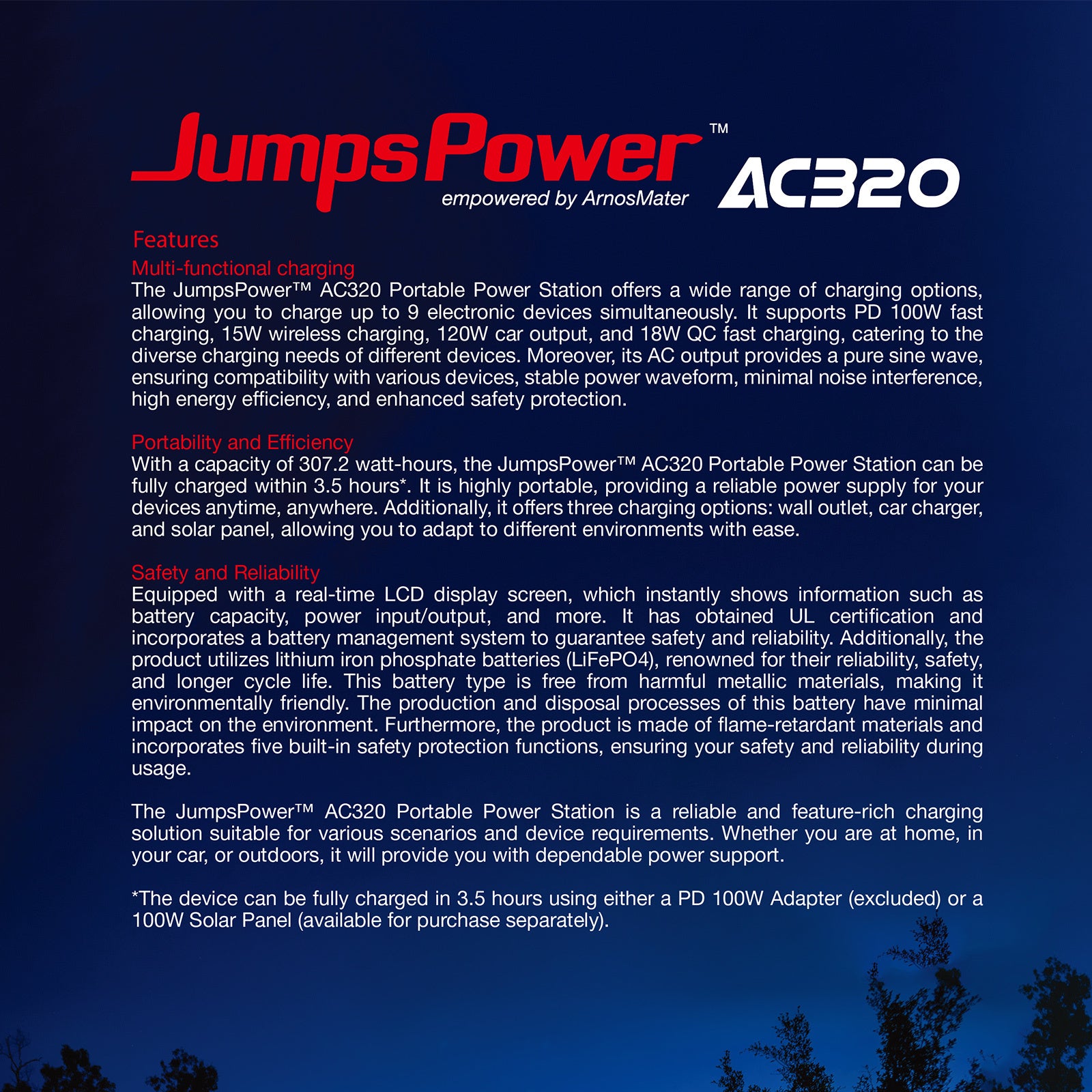 JumpsPower Portable Power Station – 320W 307Wh with LED Light