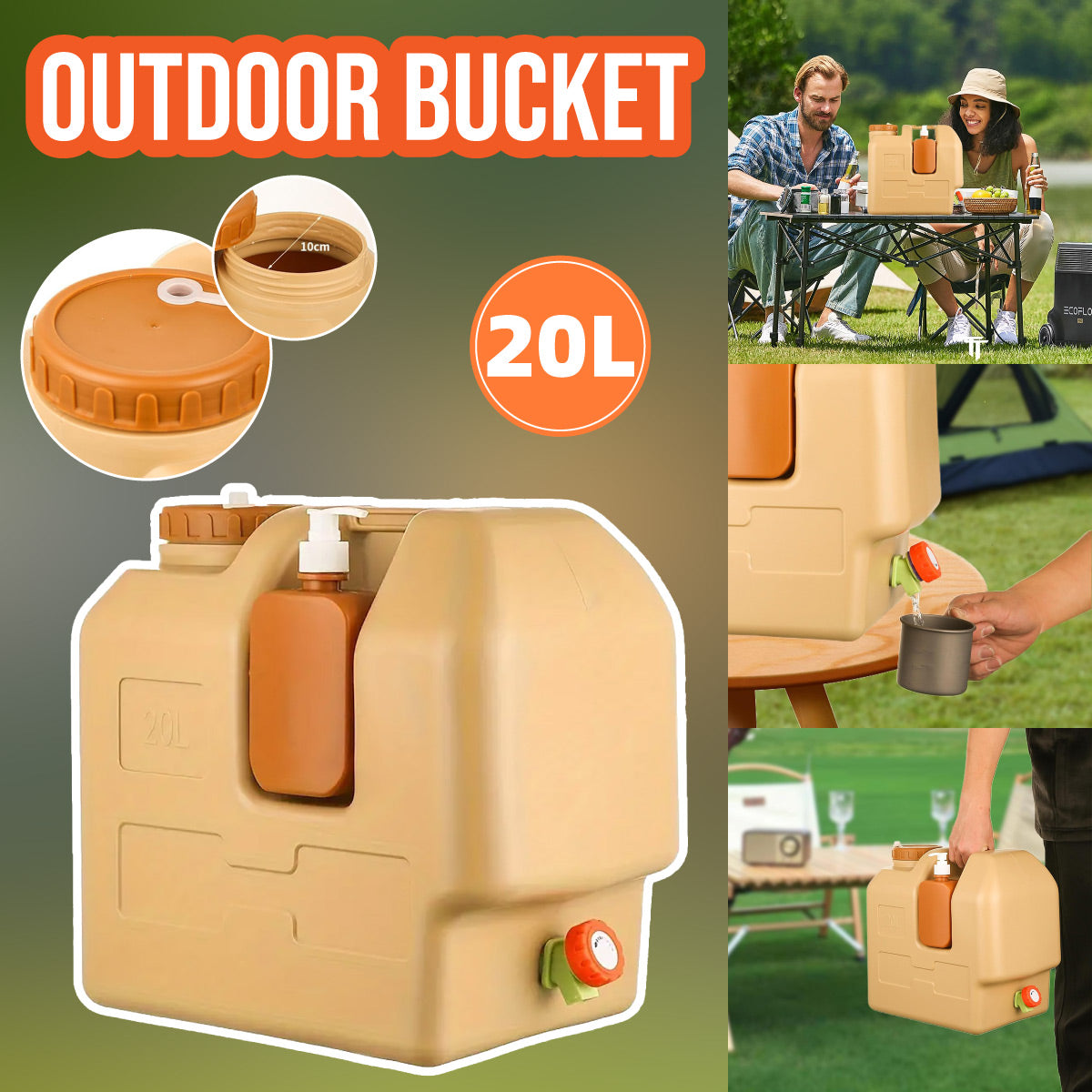 20L Outdoor Camping Portable Storage Bucket with Tap Drinking Water Container