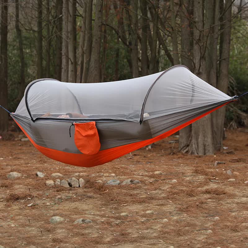 Red Outdoor Camping Hammock with Mosquito Net Anti-Tip Nylon Fabric Single/Double Person Quick-Setup Hammock