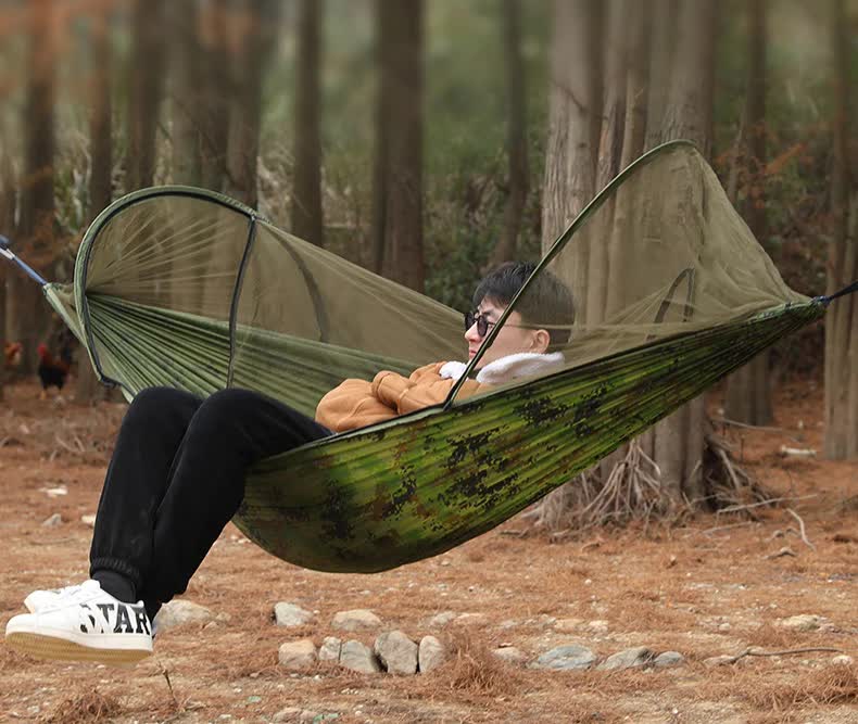 Red Outdoor Camping Hammock with Mosquito Net Anti-Tip Nylon Fabric Single/Double Person Quick-Setup Hammock
