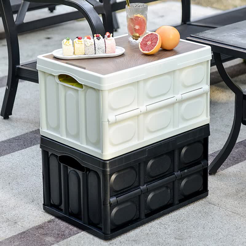 30L White Foldable Storage Box with Wooden Lid - Multifunctional Car Organizer Outdoor Folding Storage Container