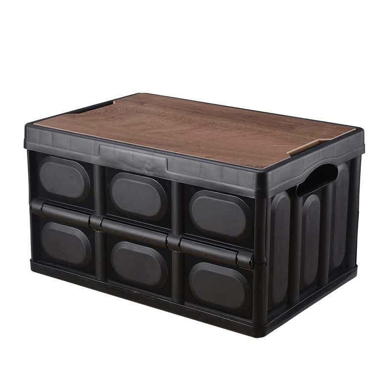 30L Black Foldable Storage Box with Wooden Lid - Multifunctional Car Organizer Outdoor Folding Storage Container