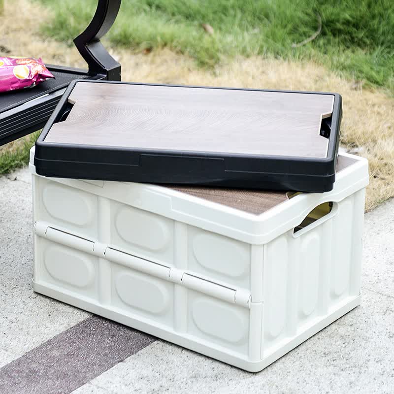 30L Black Foldable Storage Box with Wooden Lid - Multifunctional Car Organizer Outdoor Folding Storage Container