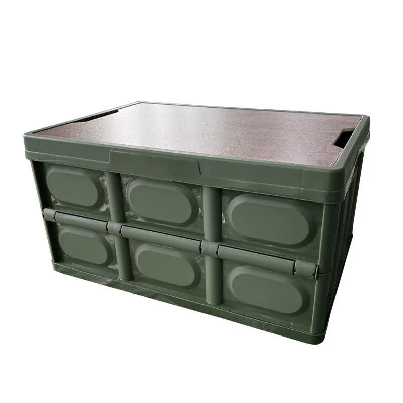 30L Green Foldable Storage Box with Wooden Lid - Multifunctional Car Organizer Outdoor Folding Storage Container