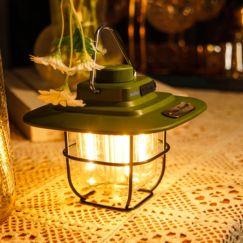 Green Vintage LED Camping Lantern - Rechargeable Stepless Dimming Power Bank