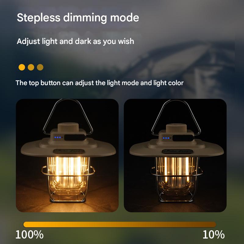 Black Vintage LED Camping Lantern - Rechargeable Stepless Dimming Power Bank