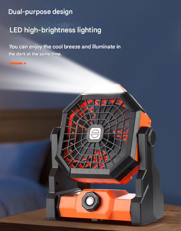 Black-orange Portable USB Camping Fan with 7800mAh Battery and 3-Mode LED Lighting