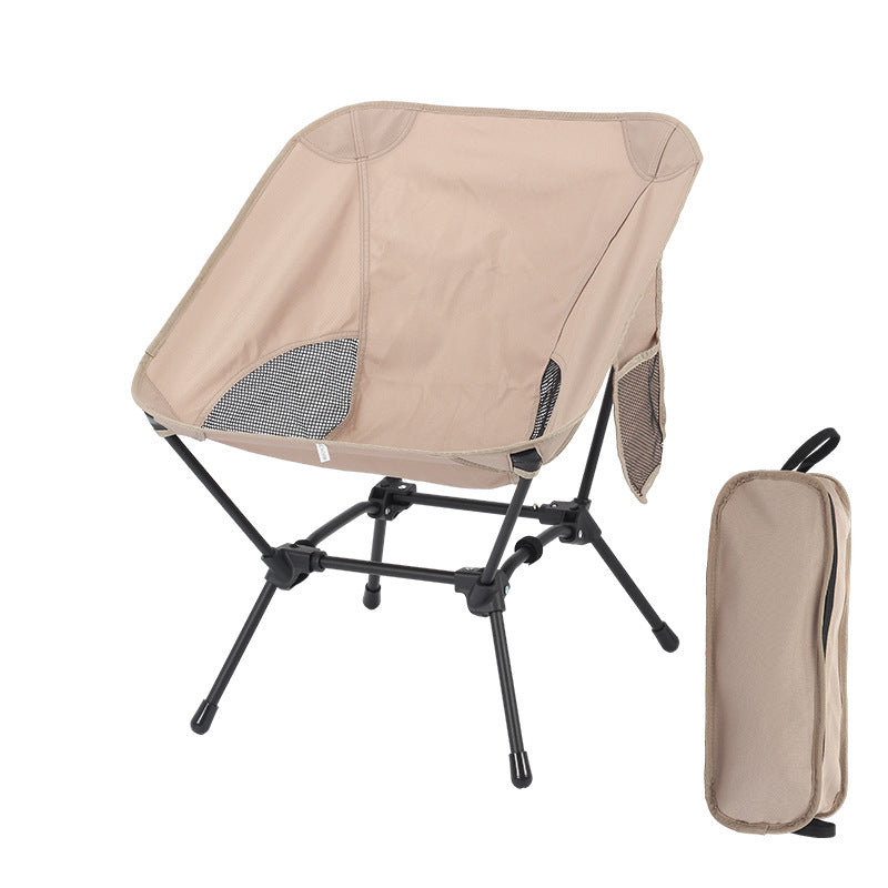 Khaki Lightweight Portable Camping Chair - Adjustable Height Folding Moon Chair with Breathable Mesh & Carry Bag