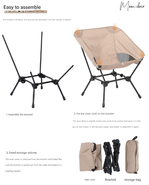 Khaki Lightweight Portable Camping Chair - Adjustable Height Folding Moon Chair with Breathable Mesh & Carry Bag