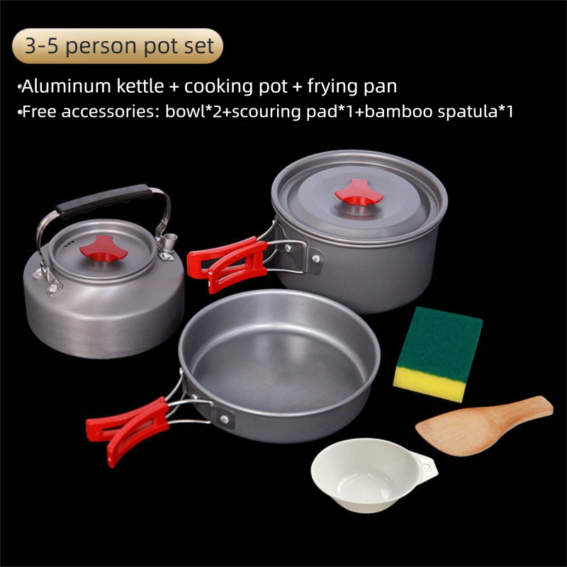 Portable Camping Cookware Set for 3-5 People Aluminum Kettle Pot Frying Pan Mess Kit with Folding Handles for Hiking
