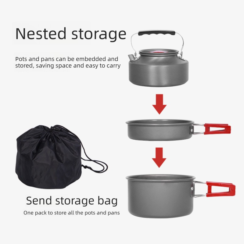 Portable Camping Cookware Set for 3-5 People Aluminum Kettle Pot Frying Pan Mess Kit with Folding Handles for Hiking