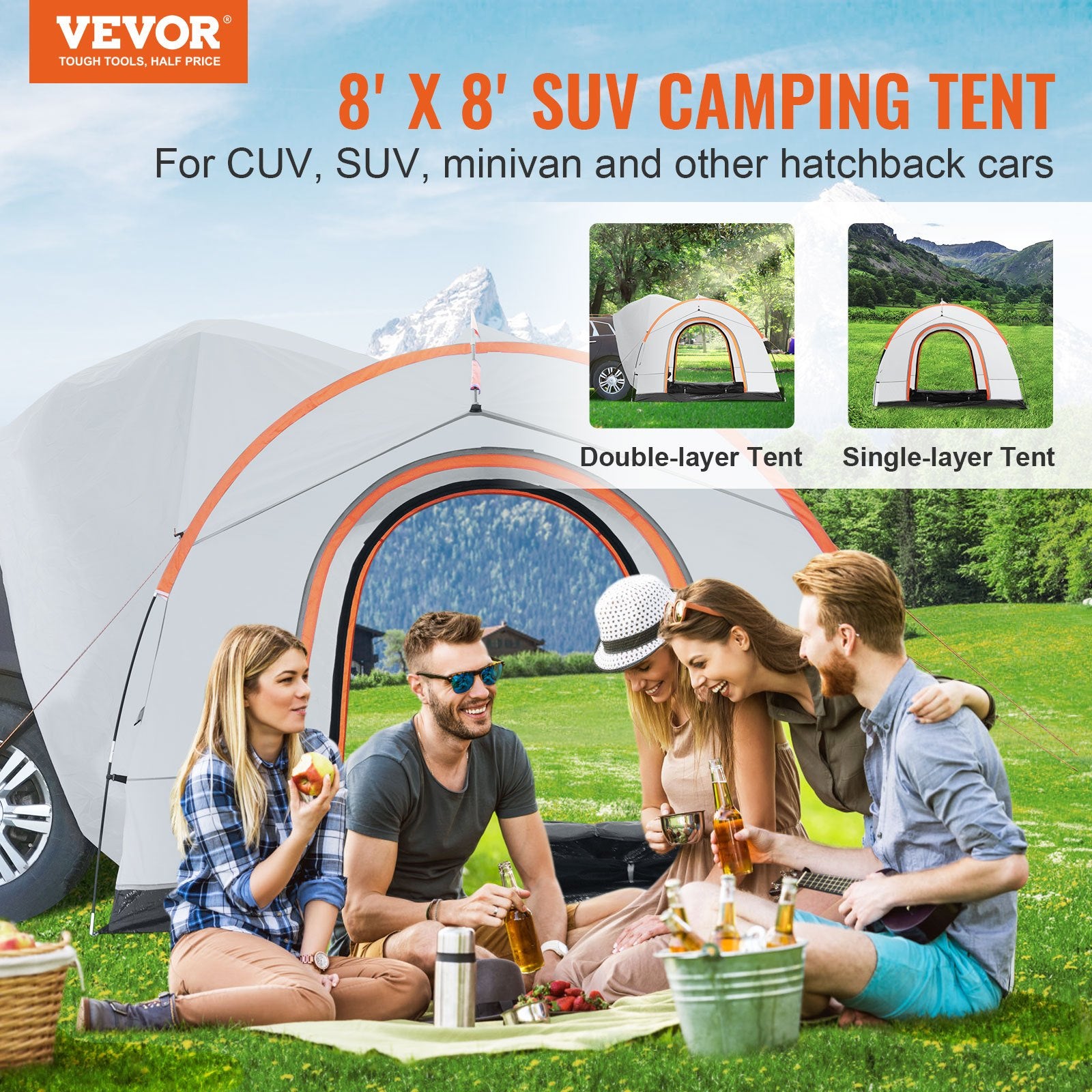 VEVOR SUV Camping Tent 8’-8’ SUV Tent Attachment for Camping with Rain Layer and Carry Bag PU2000mm Double Layer Truck