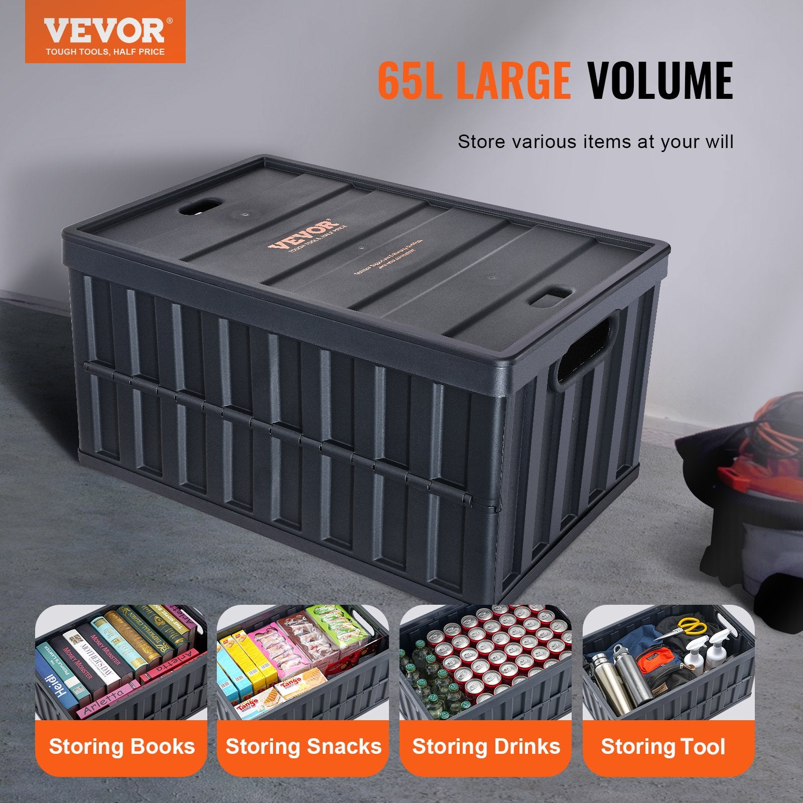 VEVOR Collapsible Storage Bins with Lids 65L 3 Packs Folding Plastic Stackable Utility Crates with Handles Large Heavy