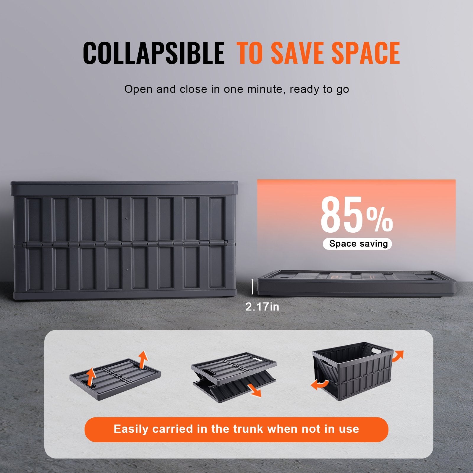 VEVOR Collapsible Storage Bins with Lids 65L 3 Packs Folding Plastic Stackable Utility Crates with Handles Large Heavy