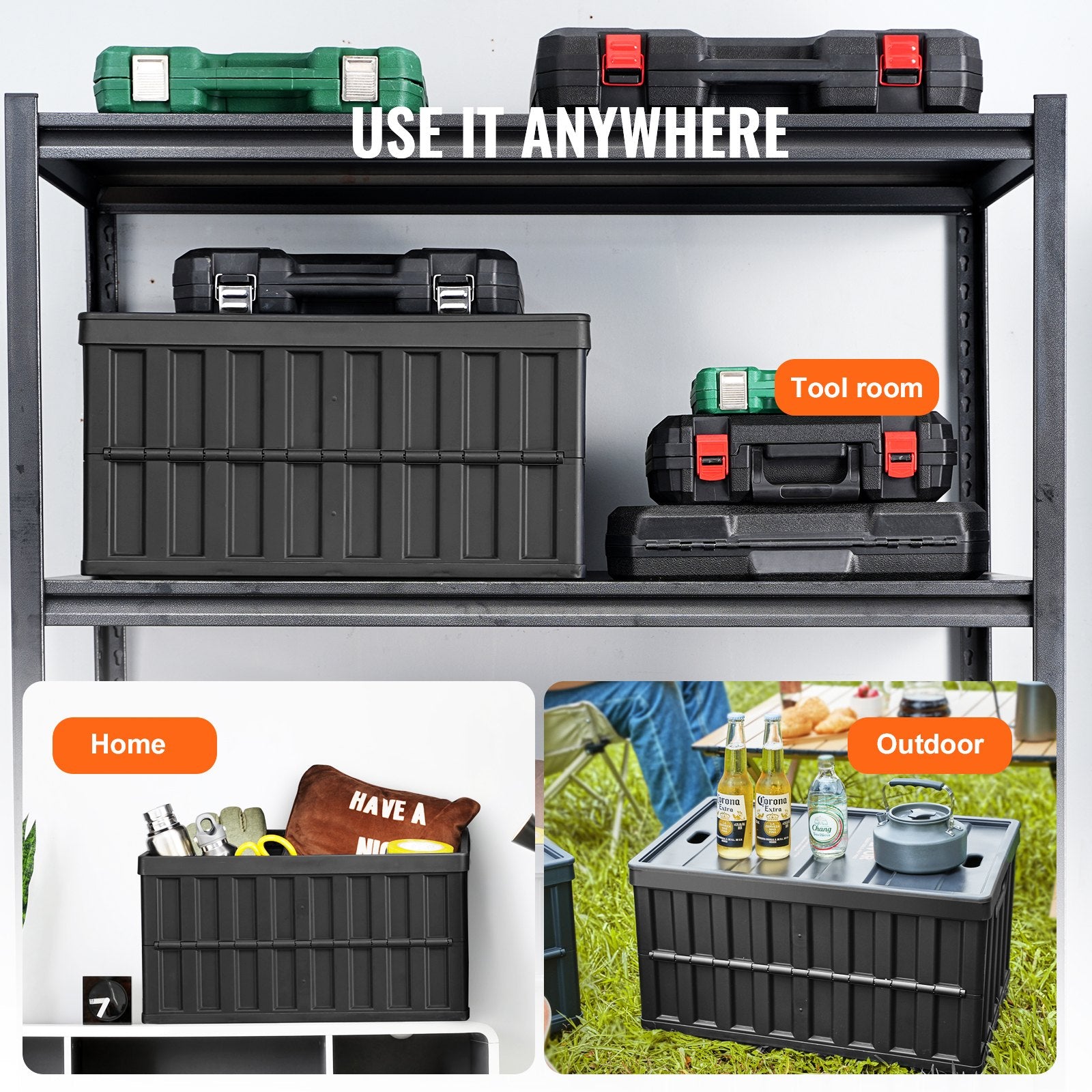VEVOR Collapsible Storage Bins with Lids 65L 3 Packs Folding Plastic Stackable Utility Crates with Handles Large Heavy