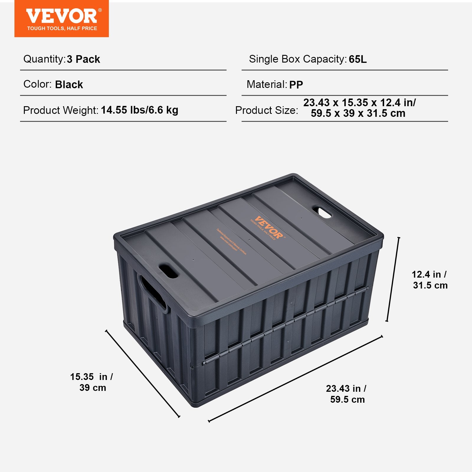 VEVOR Collapsible Storage Bins with Lids 65L 3 Packs Folding Plastic Stackable Utility Crates with Handles Large Heavy