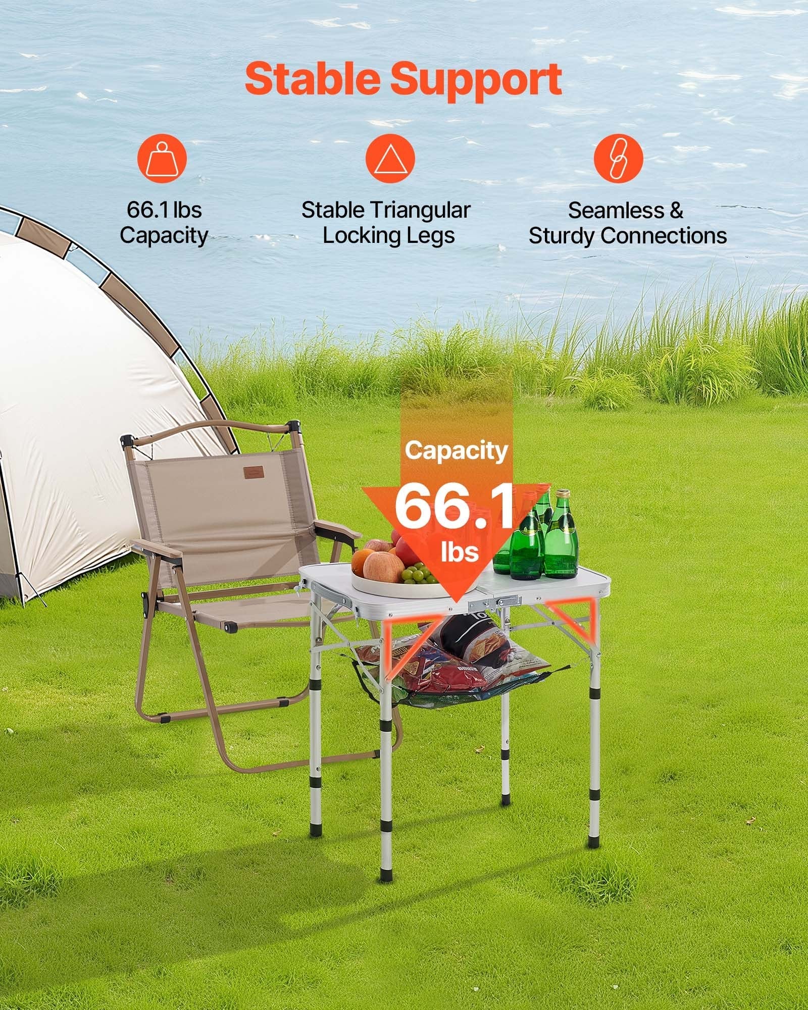 VEVOR Folding Camping Table Adjustable Height Portable Side Tables Aluminum MDF Beach Table with Mesh Layer Carrying