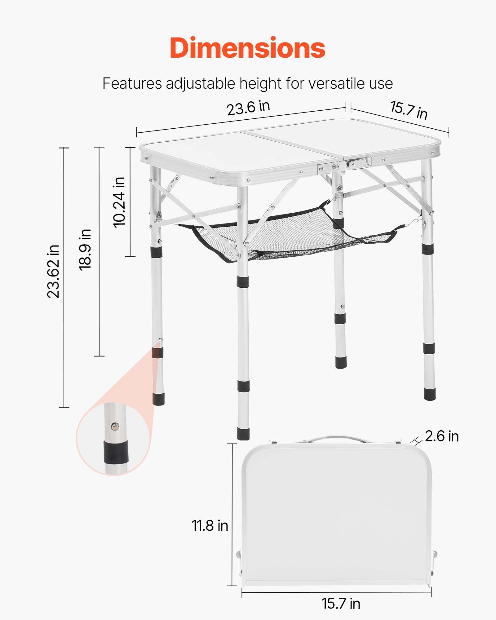 VEVOR Folding Camping Table Adjustable Height Portable Side Tables Aluminum MDF Beach Table with Mesh Layer Carrying