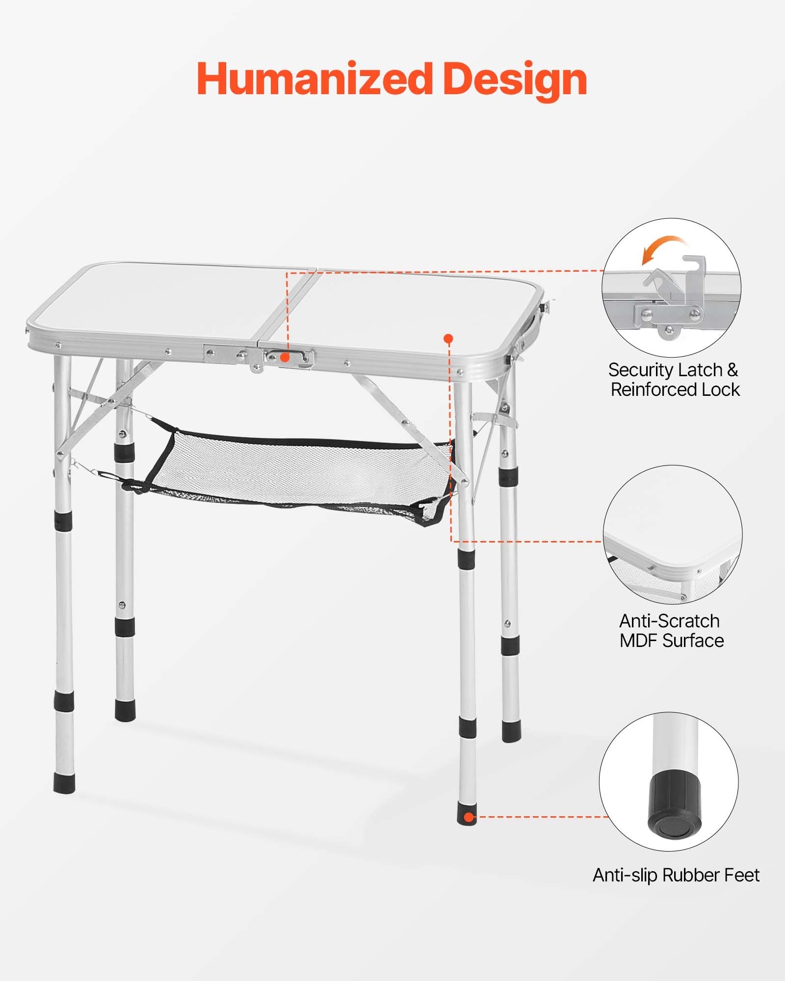 VEVOR Folding Camping Table Adjustable Height Portable Side Tables Aluminum MDF Beach Table with Mesh Layer Carrying