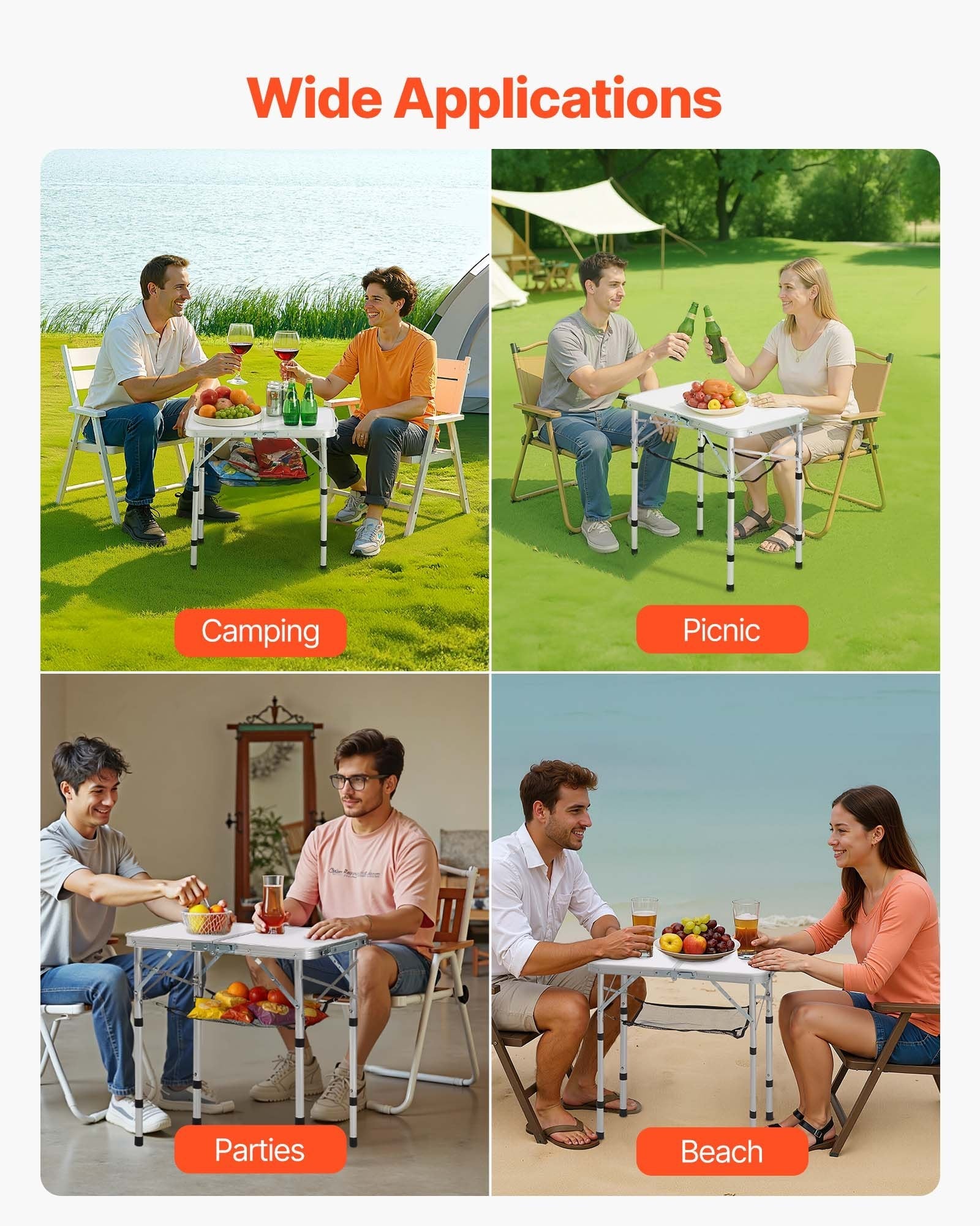 VEVOR Folding Camping Table Adjustable Height Portable Side Tables Aluminum MDF Beach Table with Mesh Layer Carrying
