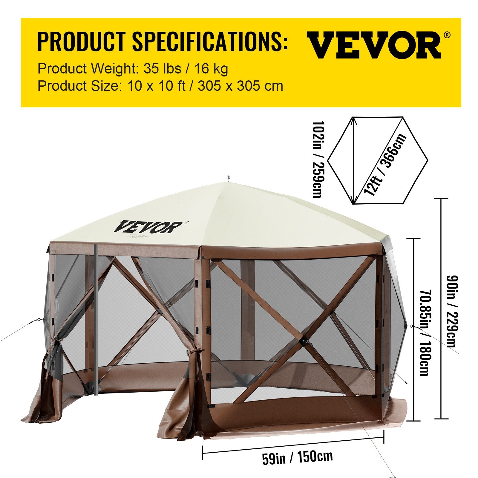 VEVOR Pop-up Camping Gazebo Camping Canopy Shelter 6 Sided 10’ x 10’ Sun Shade