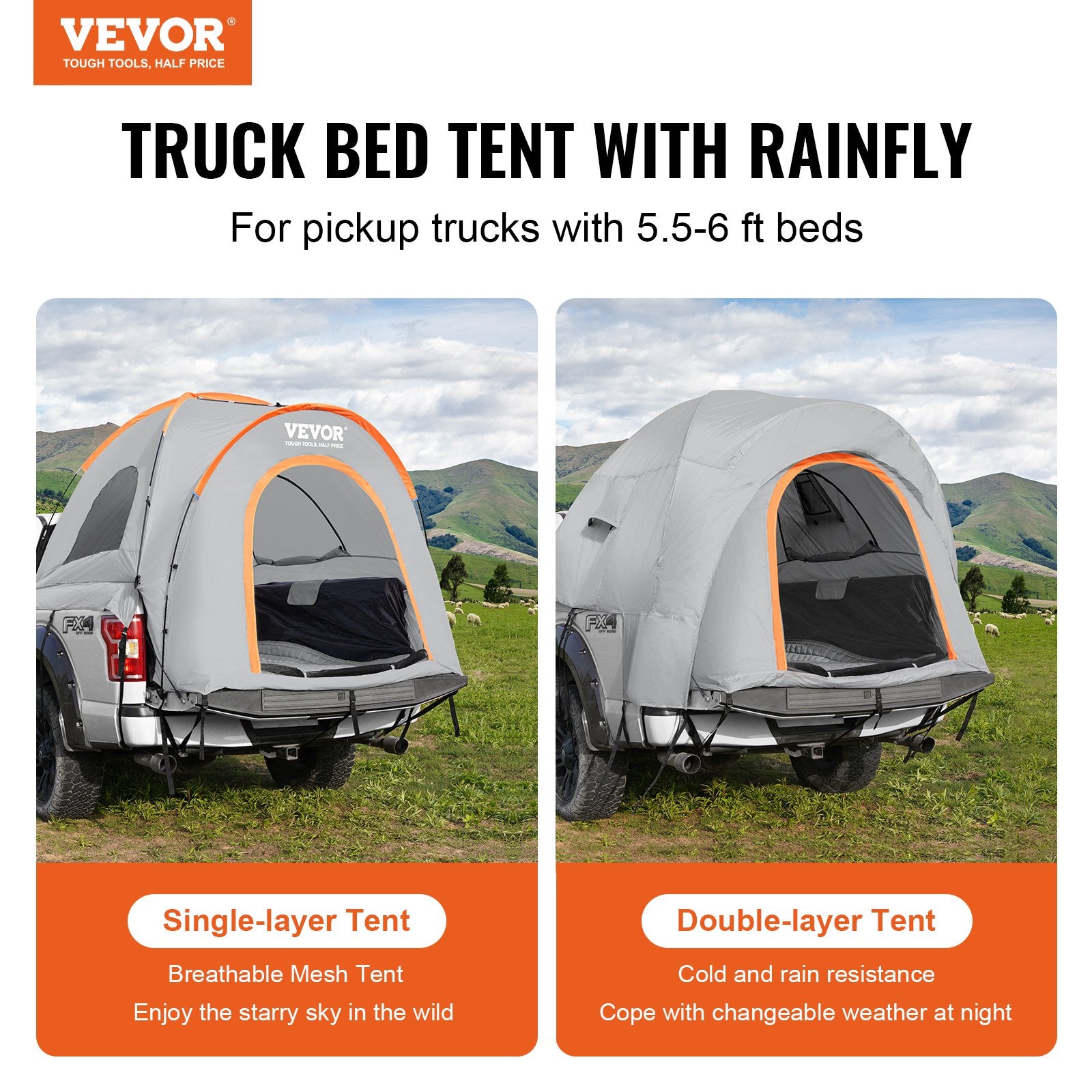 VEVOR Truck Bed Tent 5.5’-6’ Pickup Truck Tent with Rain Layer and Carry Bag Waterproof PU2000mm Double Layer Truck