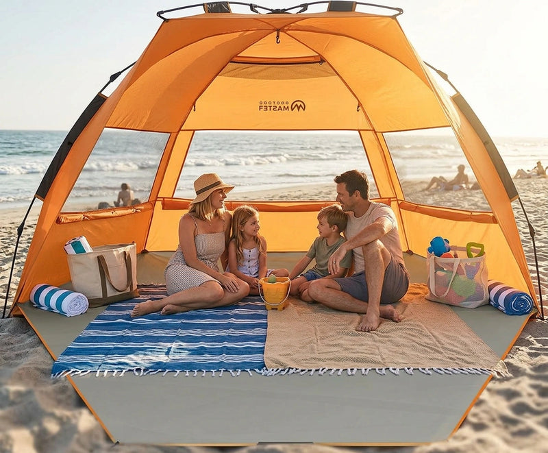 OutdoorMaster Pop Up 3-4 Person Beach Tent X-Large - Easy Setup, Portable Beach Shade Canopy Folding Sun Shelter with UPF 50+ UV Protection Removable Skylight Family Size (Orange)