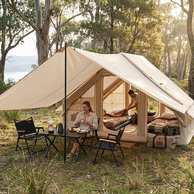 VEVOR Inflatable Tents for Camping, 3-5 Person Easy Setup Blow up Tent with Hand Pump, 300D Oxford 4 Season Glamping Tent with Canopy, Stove Jack, 2 Doors & 2 Mesh Windows (Storage Bag Included)