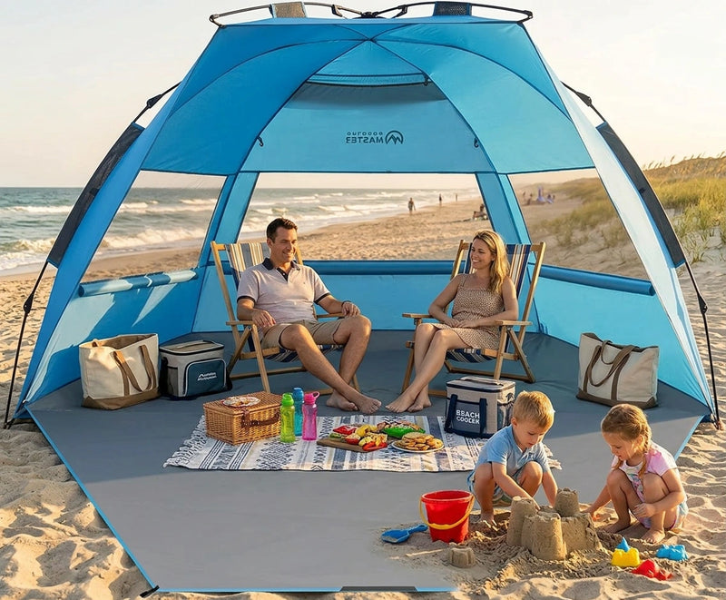 OutdoorMaster Pop Up 3-4 Person Beach Tent X-Large - Easy Setup, Portable Beach Shade Canopy Folding Sun Shelter with UPF 50+ UV Protection Removable Skylight Family Size (Blue)