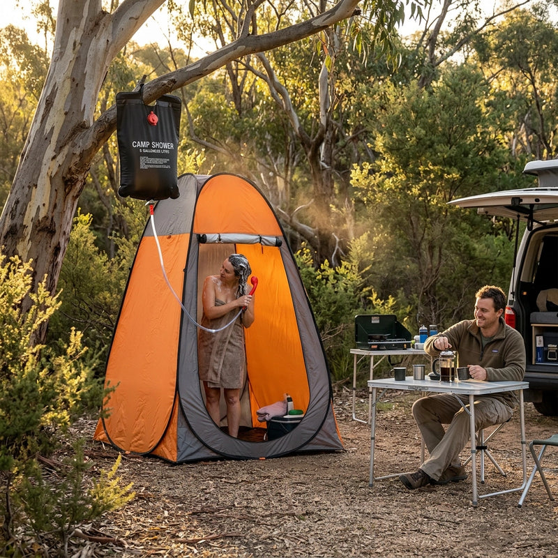 Pop Up Portable Privacy Shower room Tent &20L Outdoor Camping Water Bag Camp Set - orange