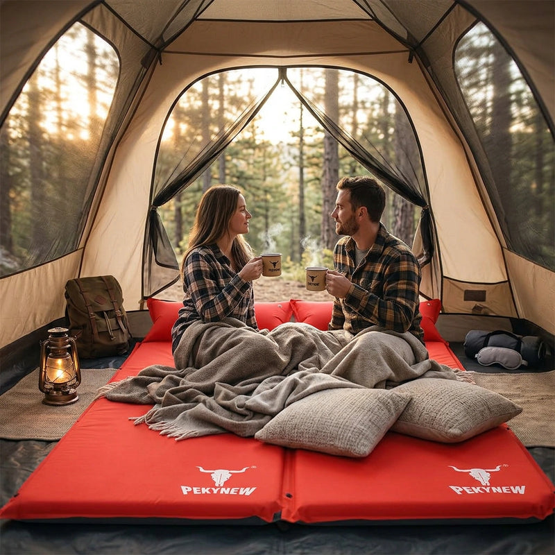 Double Air Bed Self Inflating Mattress Sleeping Mat Camping Camp Hiking Joinable - red