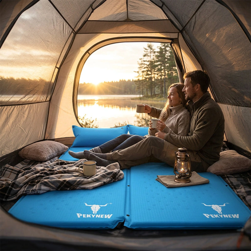 Double Air Bed Self Inflating Mattress Sleeping Mat Camping Camp Hiking Joinable - blue