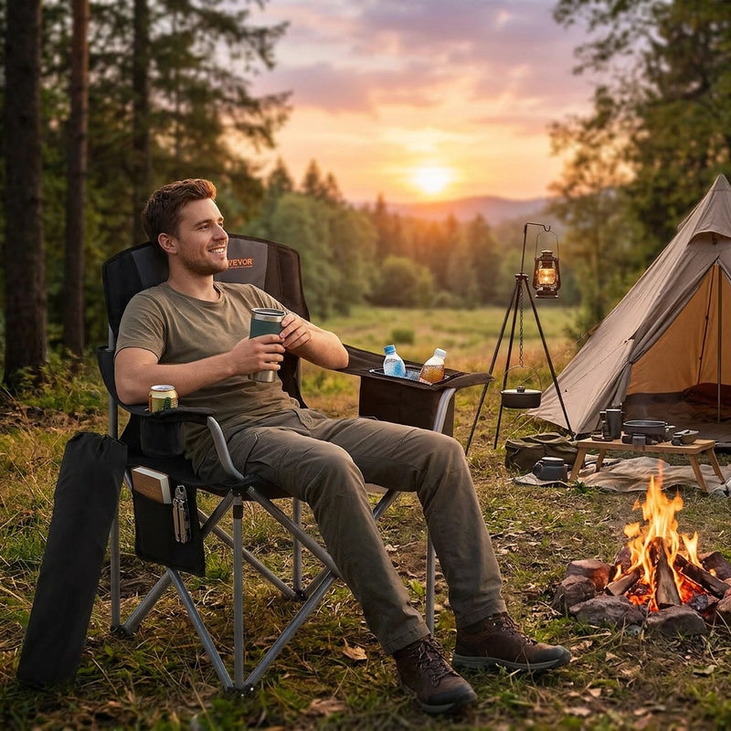 Camping Folding Chair for Adults, Portable Heavy Duty Outdoor Quad Lumbar Back Padded Arm Chairs with Side Pockets, Cup Holder and Cooler Bag for Beach, Lawn, Picnic, Fishing, Backpacking, Black